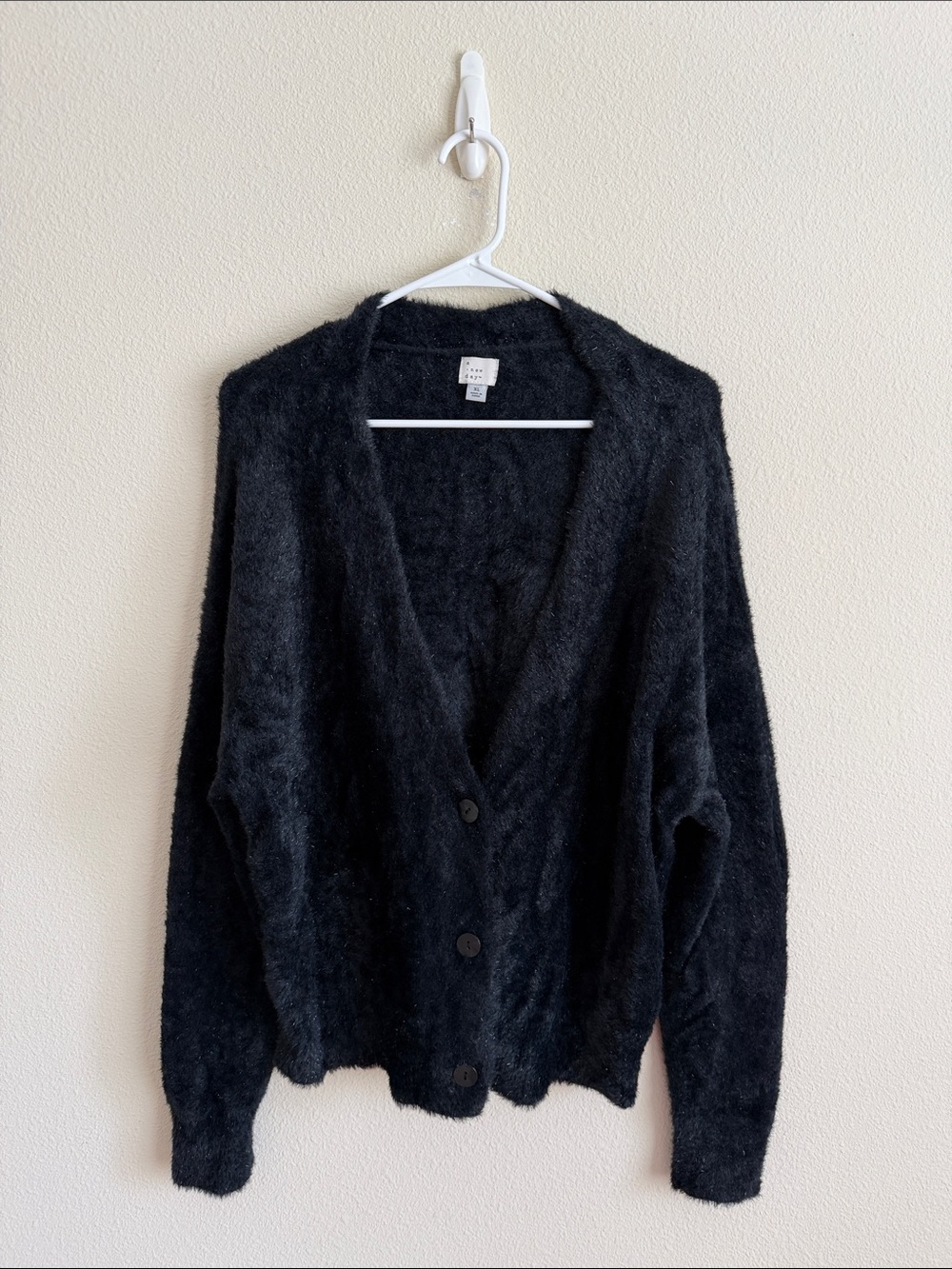A New Day Black Fuzzy V-Neck Button Cardigan Sweater